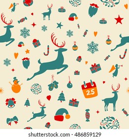 Seamless pattern design. Merry Christmas card decoration. Happy New Year design elements. Vintage ornament of red yellow deer, bell, snowflake, ribbon, bow, Christmas tree, snowman. Vector icons set.