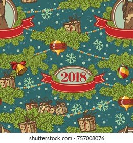 seamless pattern design. Merry Christmas card decoration. Happy New Year design elements. Vintage background of fire brunches, mistletoe, bells, ribbons and balls.