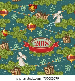 seamless pattern design. Merry Christmas card decoration. Happy New Year design elements. Vintage background of fire brunches, mistletoe, bells, ribbons and balls.
