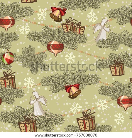 seamless pattern design. Merry Christmas card decoration. Happy New Year design elements. Vintage background of fire brunches, mistletoe, bells, ribbons and balls.