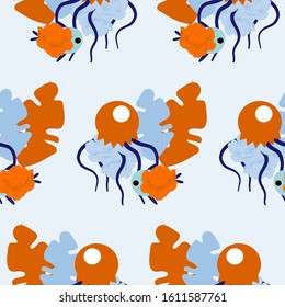 seamless pattern design with orange jellyfish and orange flowers, perfect to use on the web or in print