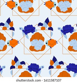 seamless pattern design with orange pearl, colorful maritime leaves and geometrics, perfect to use on the web or in print