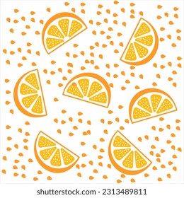 Seamless pattern design of Orange pieces and seeds. Used for design surfaces, fabrics, textiles, paper.