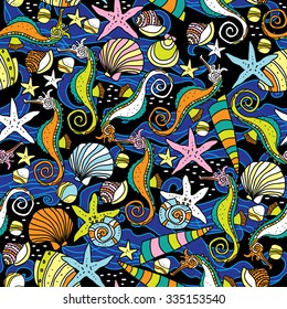 Seamless pattern; design; ornament; decorative elements; starfish; seahorse; 