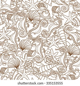 Seamless pattern; design; ornament; decorative elements; starfish; seahorse;