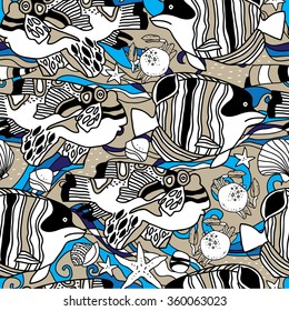Seamless pattern; design; ornament; decorative elements; starfish; fish;