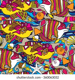 Seamless pattern; design; ornament; decorative elements; starfish; fish;