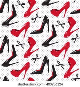 Seamless pattern design for package of shoes. Red and black shiny glossy high heeled shoes over dotted background vector illustration.