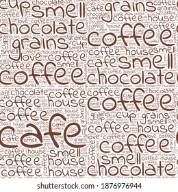 Seamless pattern design for packaging with words coffee, cafe, love, coffee shop, grains, cup