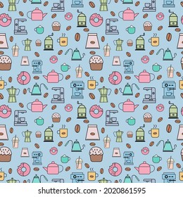 Seamless pattern design of pastel objects. They're coffee maker tools.