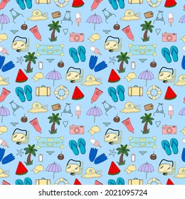 Seamless pattern design of pastel objects. They're travel in summer.