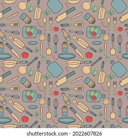 Seamless pattern design of pastel objects. They're Kitchen tools.