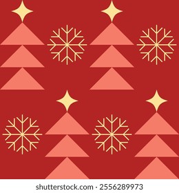 Seamless pattern design. Pines tree, star, and snowflakes. Green and yellow. 