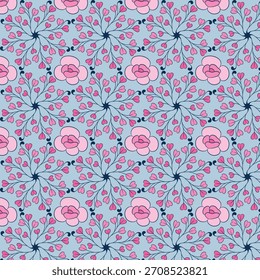 Diseño de patrón sin fisuras con flores rosadas y hojas estilizadas en forma de corazón