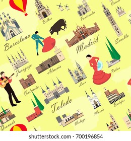 Seamless pattern for design with popular tourists sights of Spain. Background with spanish famous buildings for tourists.