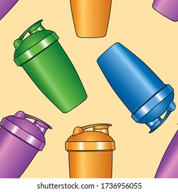 Seamless pattern design of protein shaker templates. Three-dimensional drawing of a sports bottle in purple, orange, green and blue on a beige background.