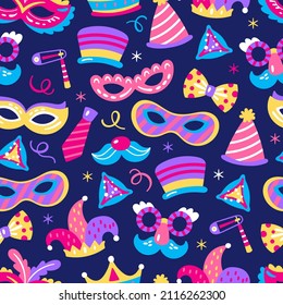 Seamless pattern design for Purim holiday with cute carnival costume mask. Childish background for wrapping paper, textile and wallpaper.