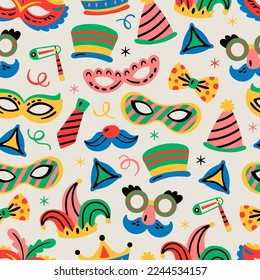 Seamless pattern design for Purim holiday with cute carnival elements. Childish background for wrapping paper, textile and wallpaper.