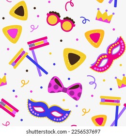 Seamless pattern design for Purim holiday with cute carnival costume mask and accessories. background for wrapping paper, textile and wallpaper.