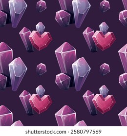 Seamless pattern design with purple crystals. Romantic, magic love, valentine's day, esoteric concept. Vector illustrations for scrapbooking, wrapping paper, background, wallpaper.
