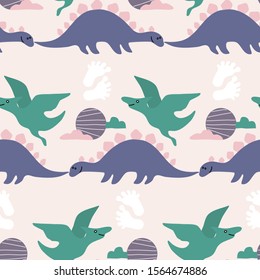 seamless pattern design with purple and green dinosaur, perfect to use on the web or in print