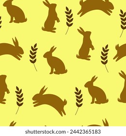 Seamless pattern design with rabbits in gold color. Rabbits or bunnies in different poses, plant branches between them. Pattern with Easter design. For fabric, wrapping paper or wallpaper