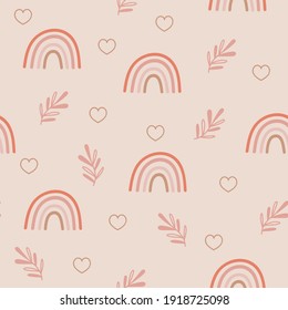 Seamless pattern design with rainbows and floral branches. Vector illustration.