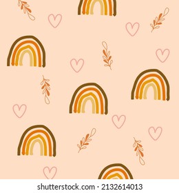 Nahtloses Musterdesign mit Regenbogen und Blumenästen.