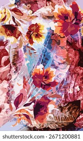 Seamless pattern design, red and blue mixed large flower pattern, for textile print ideas, digital print or background image.