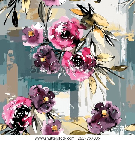 Seamless pattern design, red and blue mixed large flower pattern, for textile print ideas, digital print or background image.