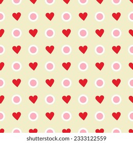 Seamless pattern design red hearts and pink circle on cream background for wallpaper, fabric, clothing,backdrop,texture, wrapping paper, notebook cover ,curtain,pillow case and stationary.