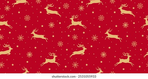 Diseño de patrones sin fisuras, renos, estrellas y copos de nieve. Feliz año nuevo, Navidades, vacaciones de invierno, nevadas, sobre el fondo rojo.