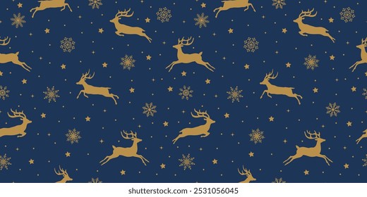 Seamless pattern design, reindeer, stars and snowflakes. Happy new year, Christmas, winter holiday, snowfall, on the blue background.