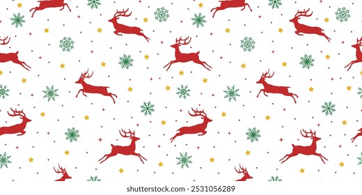 Nahtloses Muster-Design, Rentiere, Sterne und Schneeflocken. Frohes neues Jahr, Weihnachten, Winterurlaub, Schneefall, auf weißem Hintergrund.