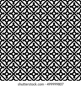 Seamless pattern design. Repeated black figures on white background. Symmetric abstract wallpaper. Grid motif. For digital paper, page fills, web desing, surface textures. Vector art illustration