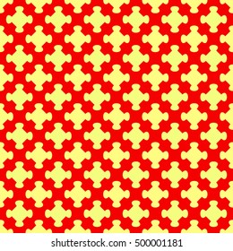 Seamless pattern design . Repeated yellow figures on red background. Symmetric abstract wallpaper. Grid motif. For digital paper, page fills, web desing, surface textures. Vector art illustration