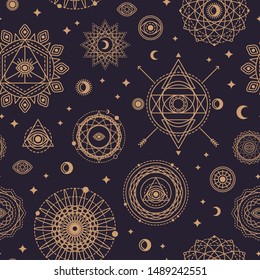 神聖な幾何学模様 目 月 太陽 ベクターイラスト 幾何学的スピログラフ線 暗い背景に錬金術のシンボル オカルト 神秘的なサイン のベクター画像素材 ロイヤリティフリー