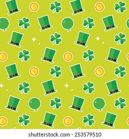 A seamless pattern design of the Saint Patrick's Day theme. Flat vector festive background with hats, balloons, clover leaves and coins