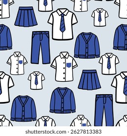 Seamless pattern design of school uniform with blue and white colors that great for wallpaper, backdrop, background, or printing for welcoming school entry. Vector files