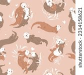 Seamless pattern design with sea otters adorable lovely cartoon characters, flat vector illustration. Seamless repeatable decorative background with funny otters.