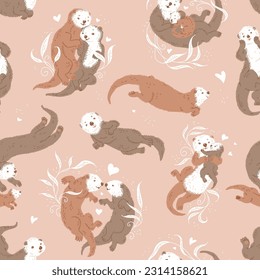 Seamless pattern design with sea otters adorable lovely cartoon characters, flat vector illustration. Seamless repeatable decorative background with funny otters.