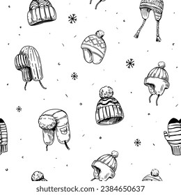 Seamless pattern design. Set of winter hats, mittens, warm clothes. Hand drawn vector sketch illustrations
