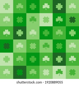 Seamless pattern design of shamrock in square blocks. They’re many shades of green, theme of the St.Patrick’s Day. Decorating for wrapping paper, wallpaper, fabric, backdrop and etc.