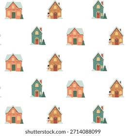 Seamless pattern design showcasing colorful winter houses with festive details, ideal for holiday-themed projects, textiles, and creative decorations
