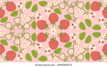 Diseño de patrón sin costuras que muestra fresas, bayas dulces, flores, follaje verde y una pequeña abeja. Diseño de superficie recurrente adecuado para ropa de bebé, telas, envoltura de regalo, 