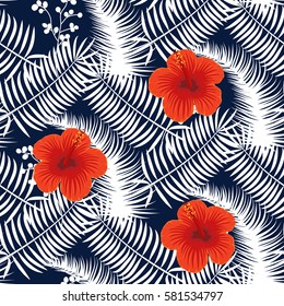 Seamless Pattern Design. Silhouettes of Palm Tree Leaves and Red Tropical  Flowers on Blue Background