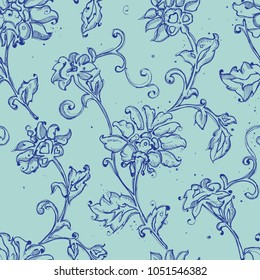 Seamless pattern design with sketchy floral drawings, freehand digital drawing flowers decorations, pretty repeat background