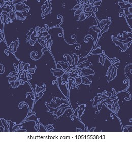 Seamless pattern design with sketchy floral drawings, freehand digital drawing flowers decorations, pretty repeat background