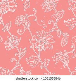 Seamless pattern design with sketchy floral drawings, freehand digital drawing flowers decorations, pretty repeat background