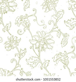 Seamless pattern design with sketchy floral drawings, freehand digital drawing flowers decorations, pretty repeat background